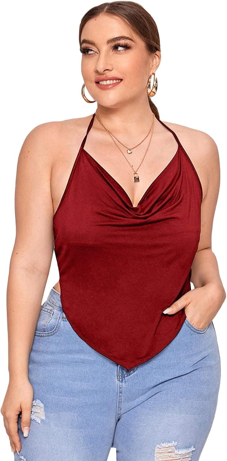 Floerns Women's Plus Size Cowl Neck Sleeveless Self Tie Crop Cami Bandana Top