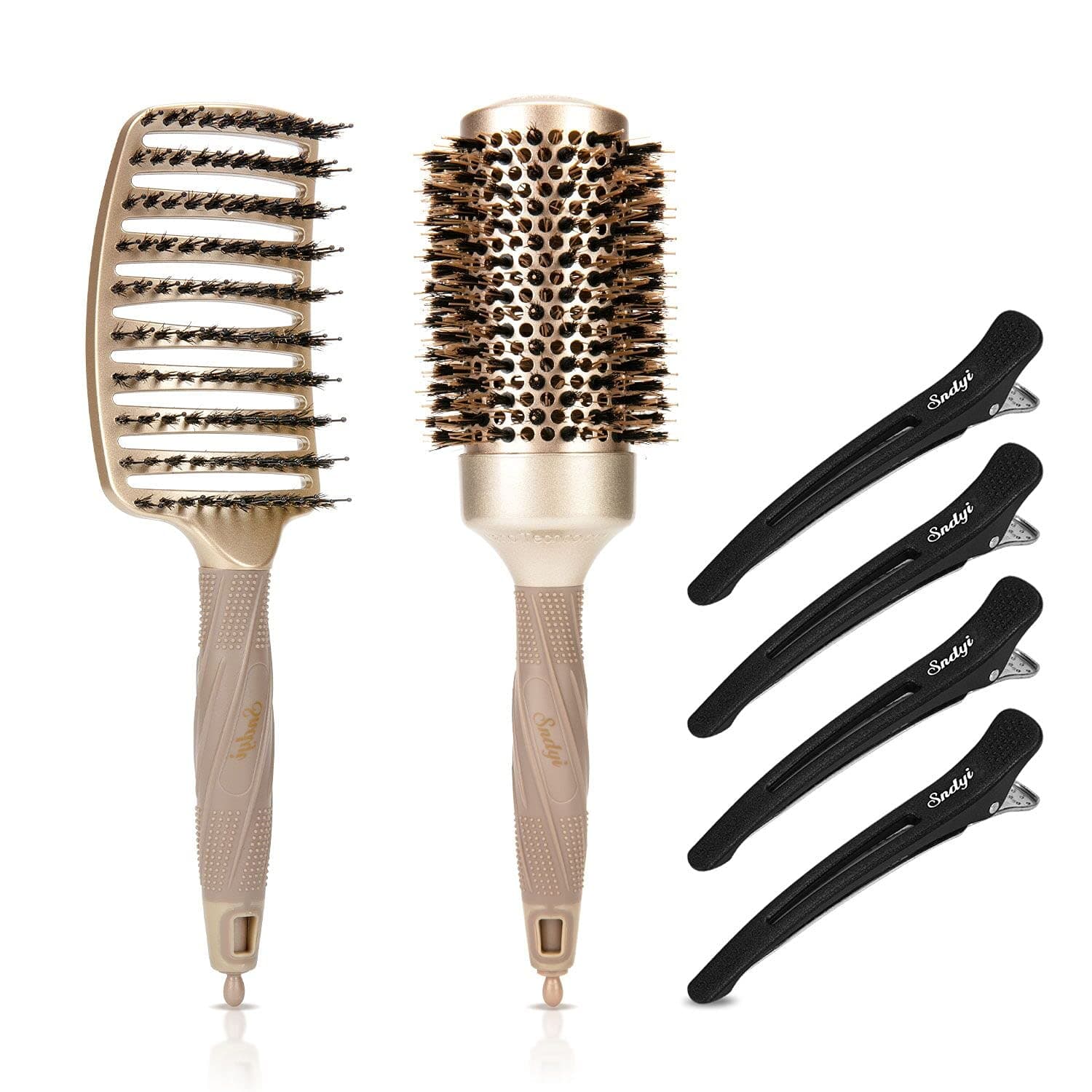 Boar Bristle Hair Brush Set - Round Brush & Curved Vented Detangling Hair Brush, Thermal Ceramic & Ionic Round Barrel Brush for Blow Drying, Styling Hair Brush for Wet Dry Curly Thick Straight Hair