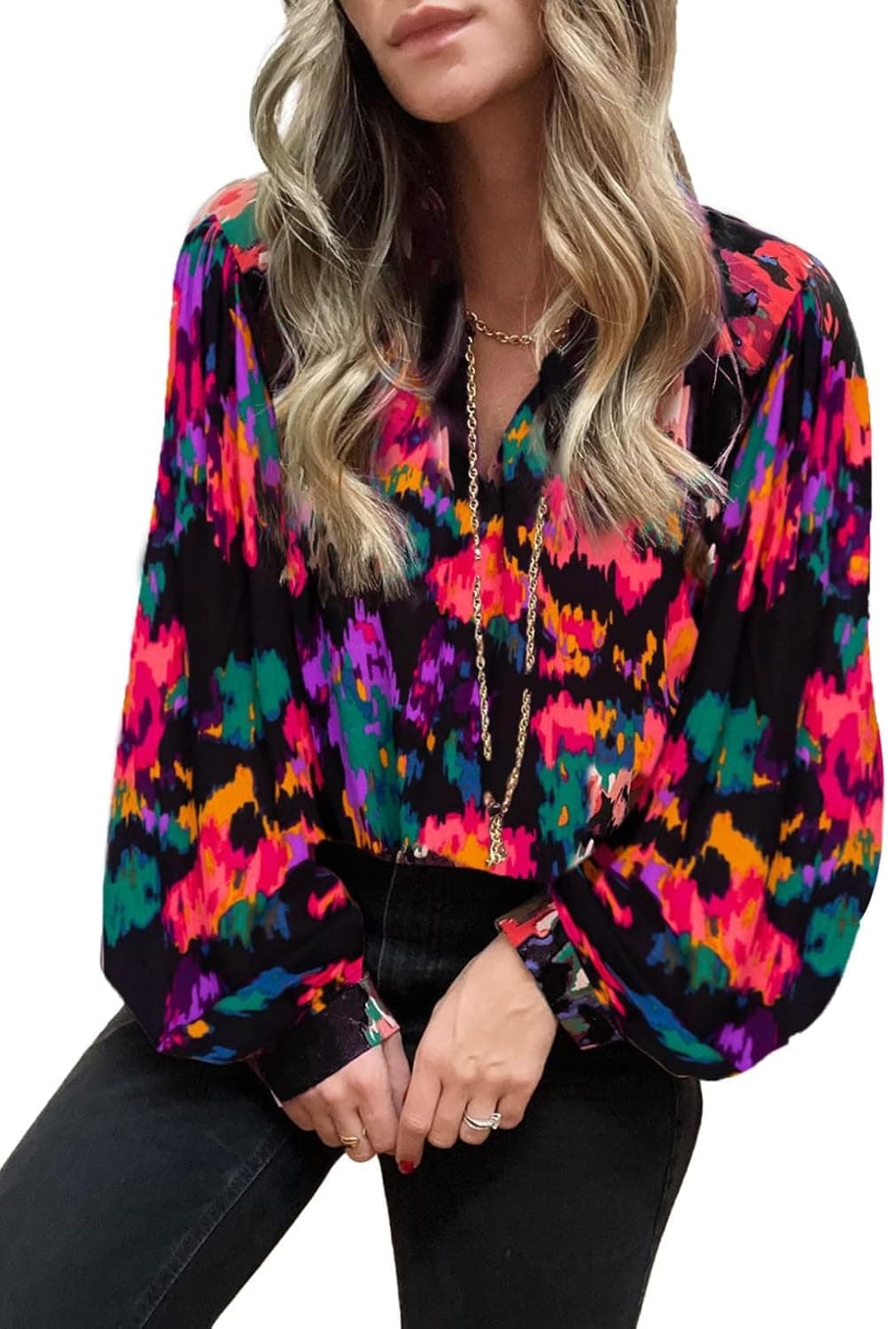 FARYSAYS Women's Casual Boho Abstract Print V Neck Lantern Long Sleeve Tops Loose Blouses Shirts