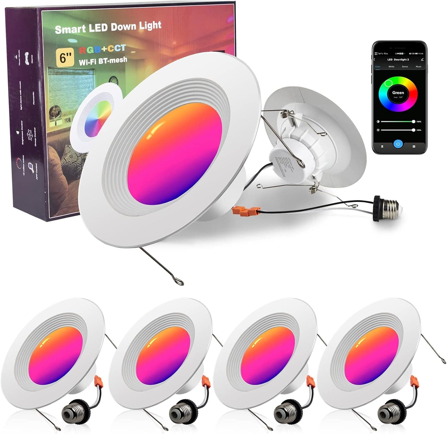 Lightdot 4Pack Smart LED Recessed Lighting 6 Inch, 2700K-6500K+RGBCW Color Changing Downlight, 12W 1200LM CRI90+ Dimmable Retrofit LED Can Light Compatible with Alexa/Google, Wet Location Rated