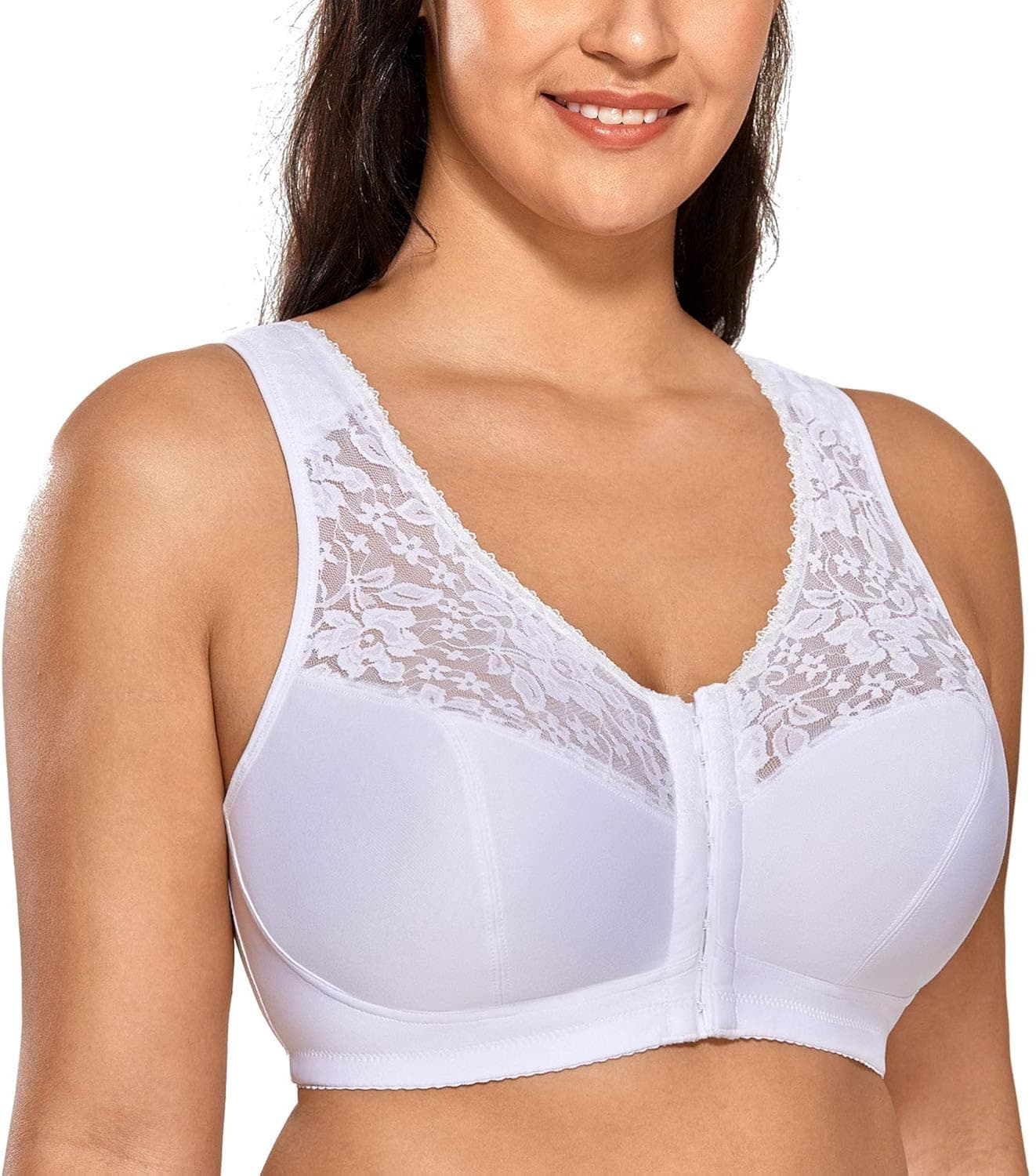 DELIMIRA Women's Front Closure Bras Racerback Wireless Plus Size Full Coverage Lace Bra