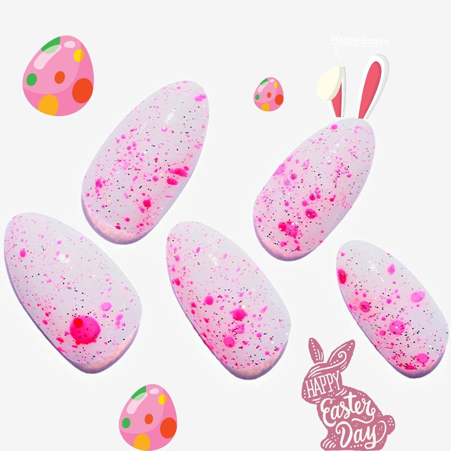 Easter Press on Nails Short Almond, GLAMERMAID Pink Glue on Nails for Easter Gift | False Nail Kits with Eggshell Spots Design, Fake Nails Short, Acrylic Stick on Nails Sets for Women Gift