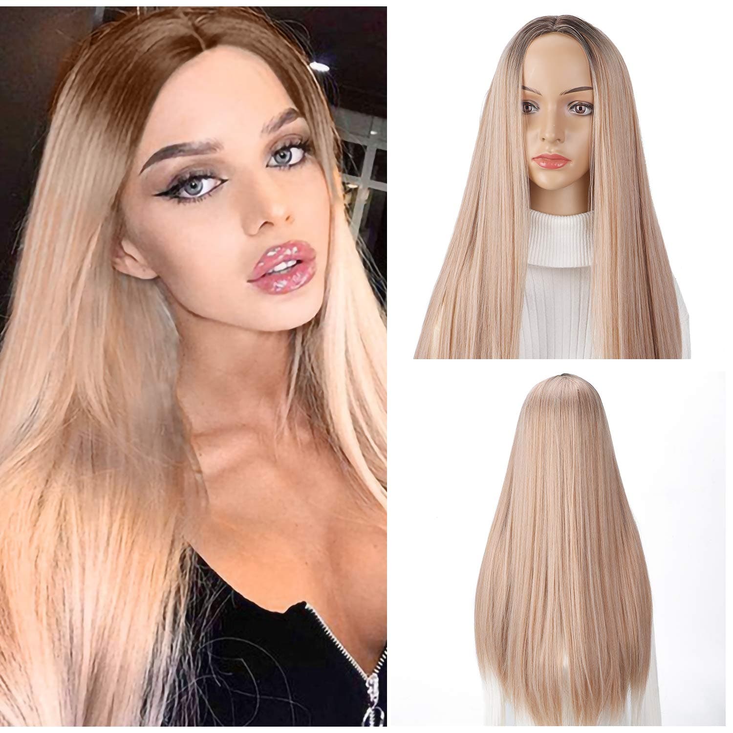 Ash Blonde 26inches Long Straight Natural Wig Middle Part Straight Wig with Highlights for Women Synthetic Straight Hair Wig for Daily Life Parties Fashion Show No Bangs(Ash Blonde)