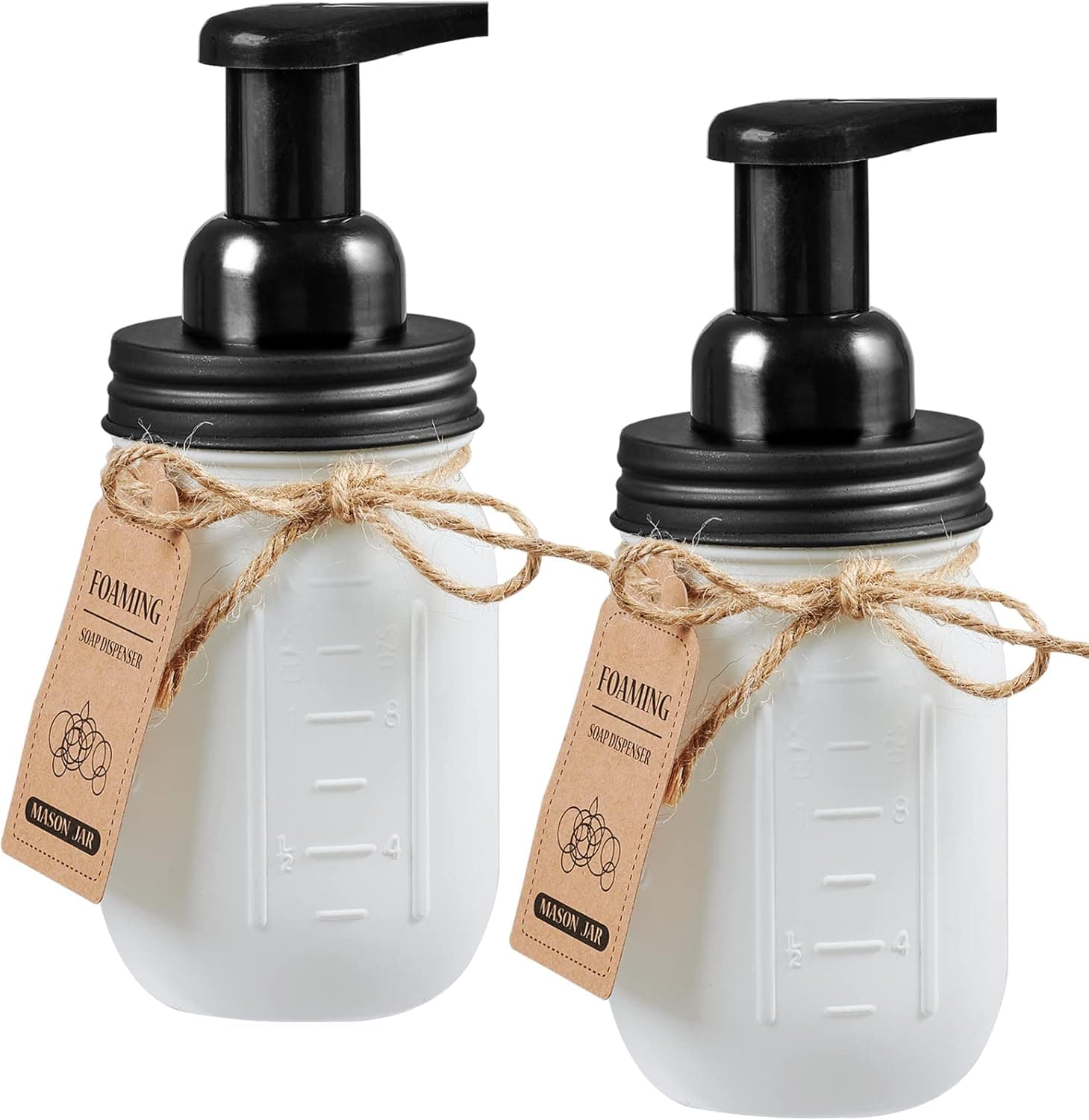Mason Jar Foaming Soap Dispenser - with 16 Ounce Painted Mason Jar for Bathroom Vanities,Kitchen Sink,Countertops - Made from Rust Proof Stainless Steel Lid and BPA Free Pump / White,2-Pack