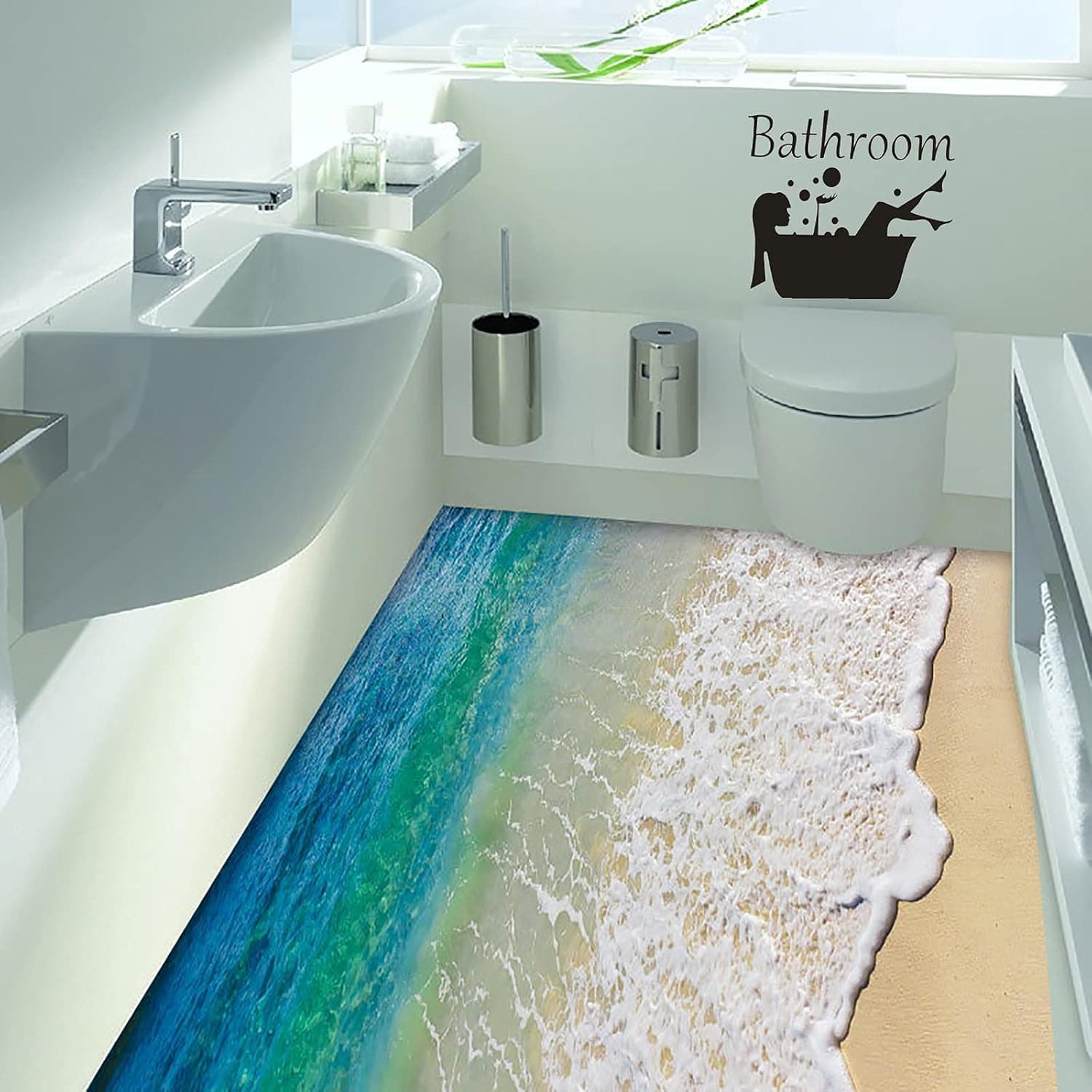 SENGTER 3D Ocean Wall Decal Waves Wall Decor Removable Underwater World Floor Stickers for Bathroom Living Room Bedroom Themed Decor (ws-ocean06)
