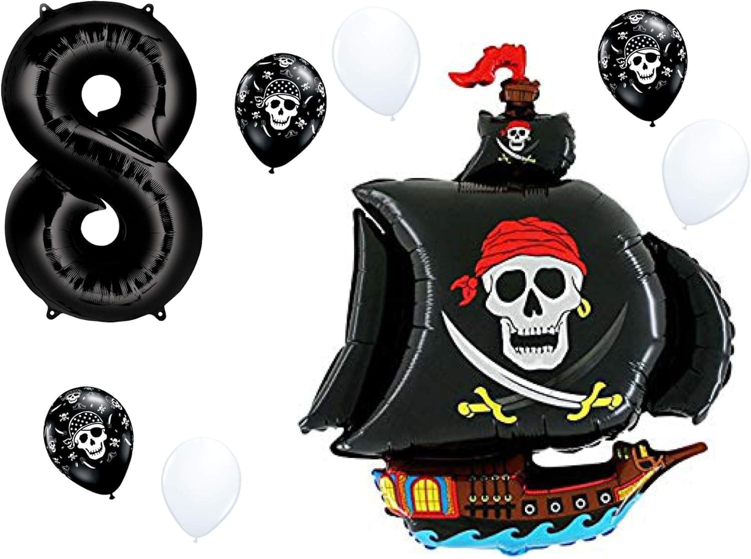 Pirate Ship Birthday Balloon Decorations with Black #1-9 Number Bundle: 36" Black Skull Pirate Ship Foil Balloon with (1) 40" Black Number