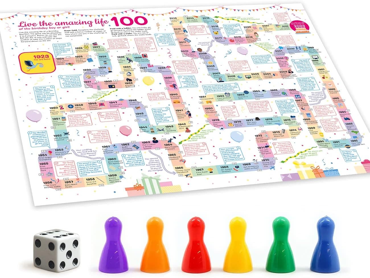 Snakes and Ladders Game for 100th Birthday - 100 Birthday Gift for Women or Men - Funny Board Dice Game Activity for 100 years old Anniversary - 100th Birthday Decorations Party Supplies [2-6 Players]
