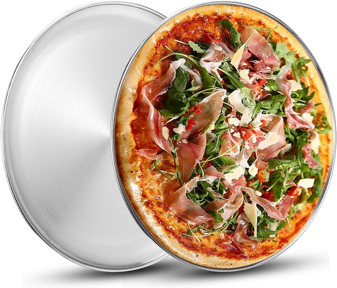 Deedro Stainless Steel Pizza Pan 13½ inch Round Pizza Tray Pizza Baking Sheet, Healthy Pizza Baking Pan Pizza Serving Tray Crisper Pan, Dishwasher Safe, 2 Pack