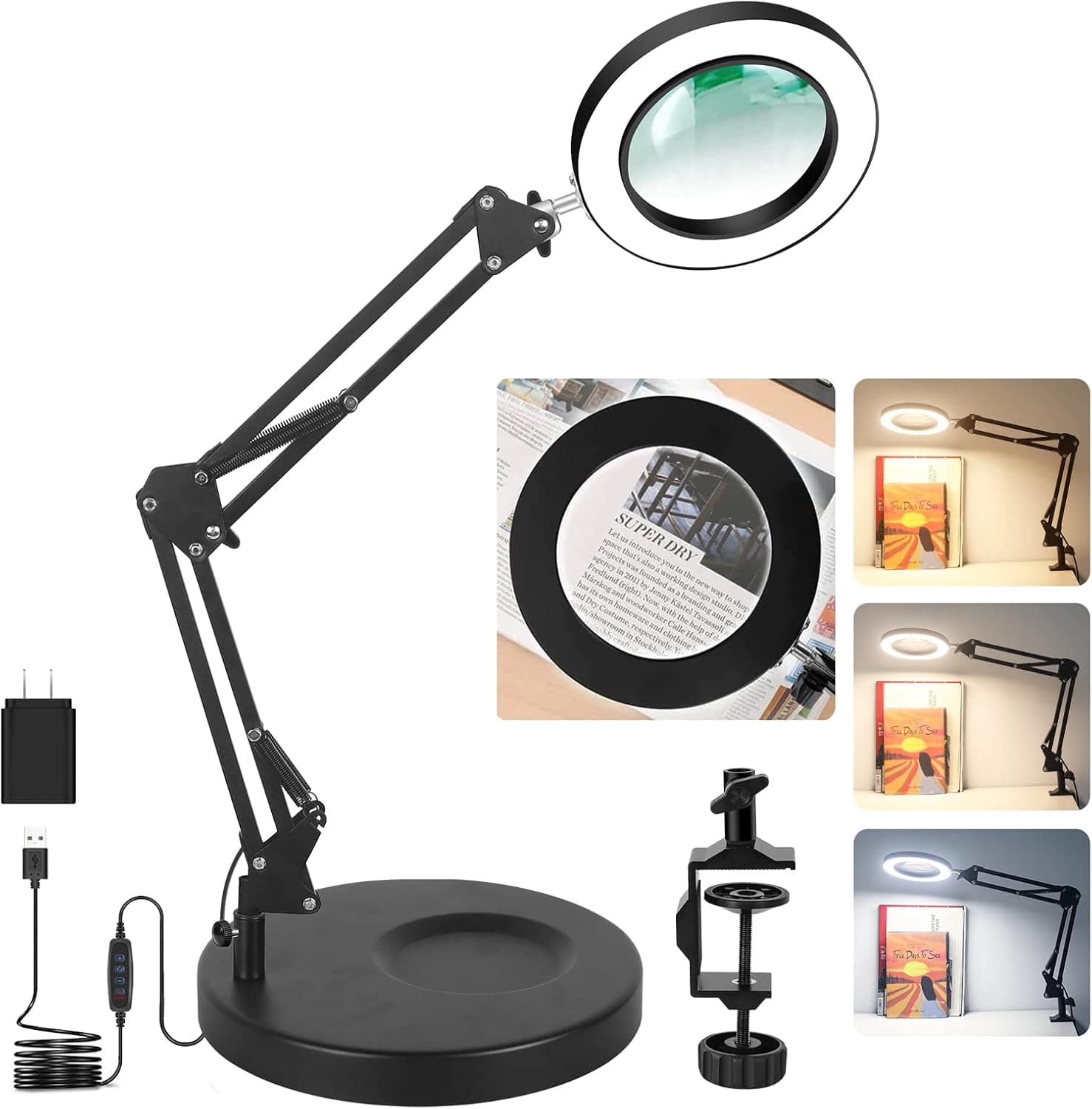 8X Magnifying Glass with Light and Stand, NAKOOS 2-in-1 Real Glass Magnifying Desk Lamp & Clamp, 1500 Lumens 3 Color Modes Stepless Dimmable Lighted Magnifier with Base for Ready Hobby DIY Close Work
