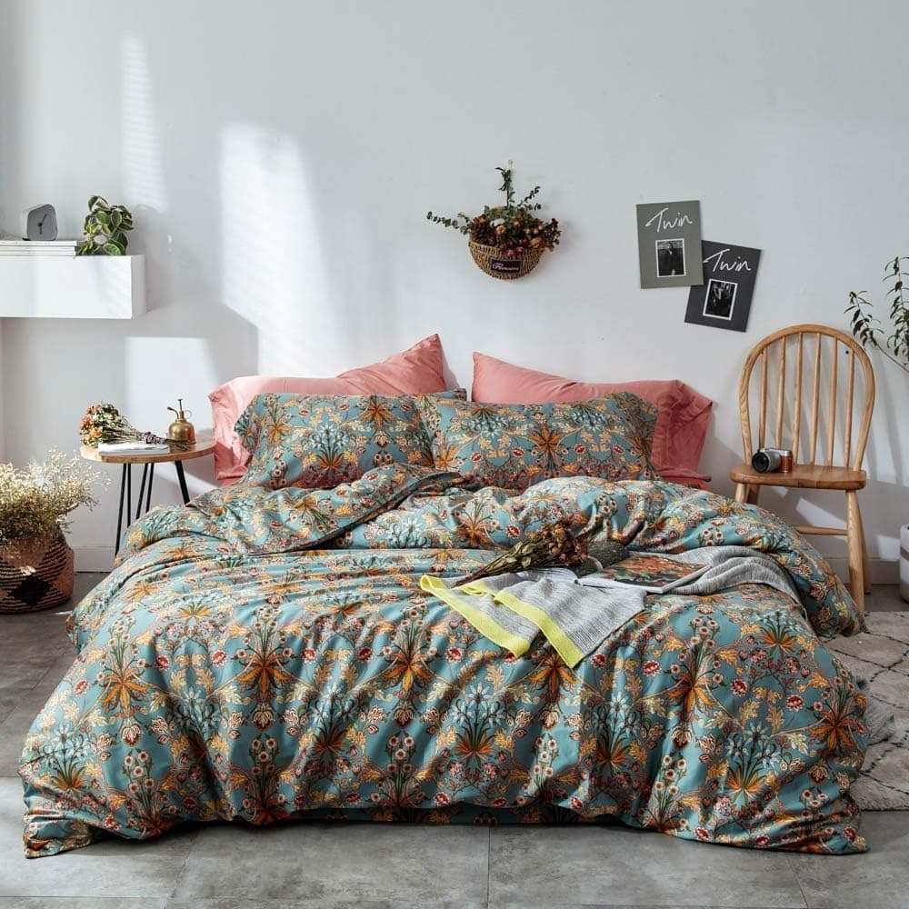 VM VOUGEMARKET Bohemia Duvet Cover Set King,3 Piece Long Staple Cotton Comforter Cover with Zipper Closure,Green Golden Elegant Bedding Set-Carol,King