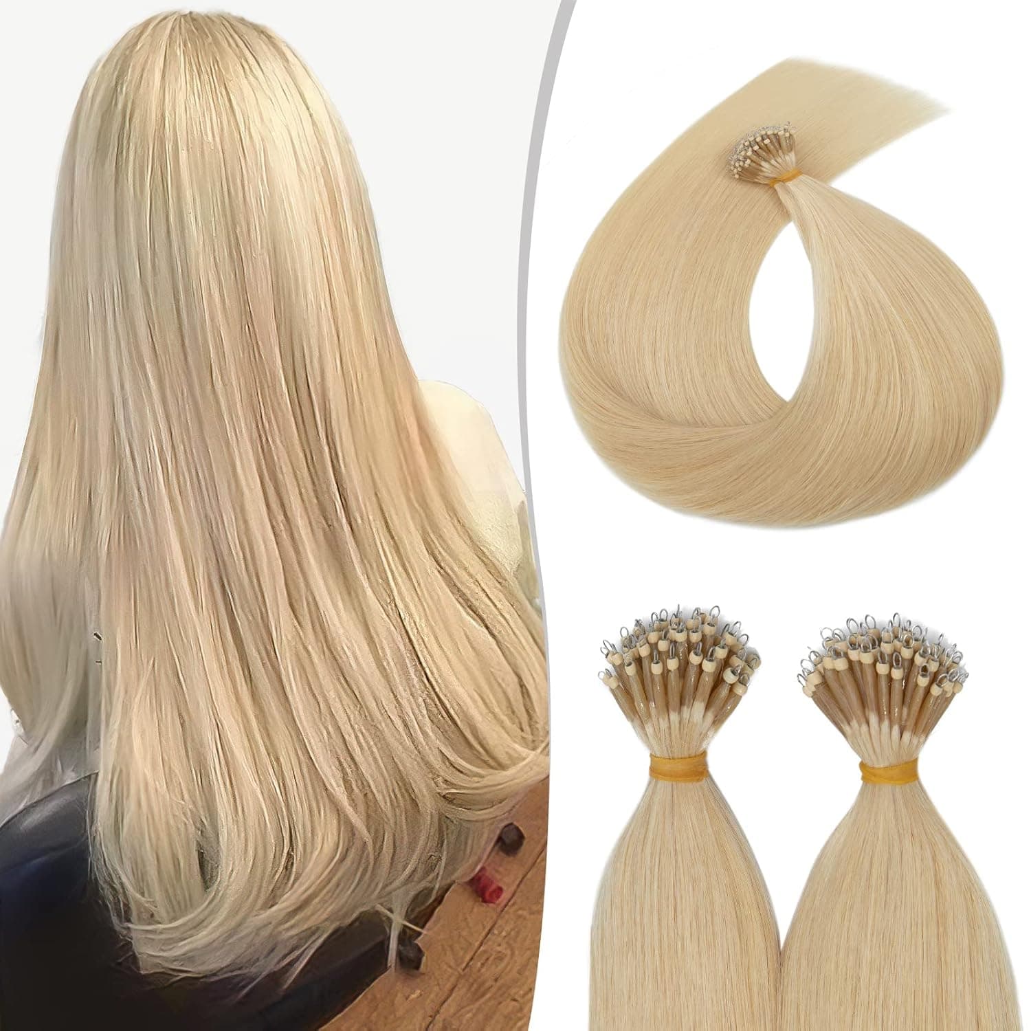 Nano Ring Human Hair Extensions Pre Bonded Keratin Fusion Stick Tip Iron Loop Link 50 strands 50g Straight Micro Bead Remy Hairpiece for Women Highlighted 16inch Bleach Blonde #613