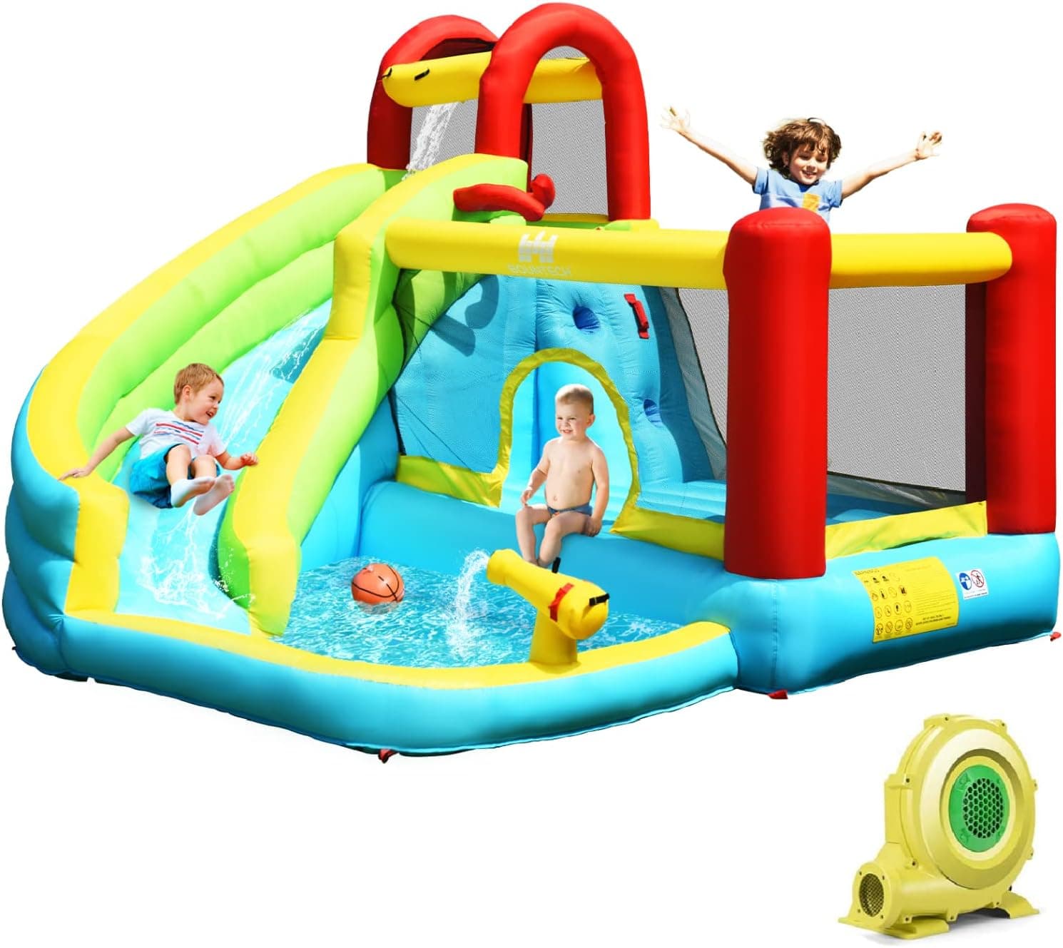 HONEY JOY Inflatable Water Slide, Water Bounce House & Water Park w/Splash Pool & Slides, Climbing Wall, Indoor Outdoor Blow up Water Slides Inflatables for Kids and Adults Backyard(with 735w Blower)
