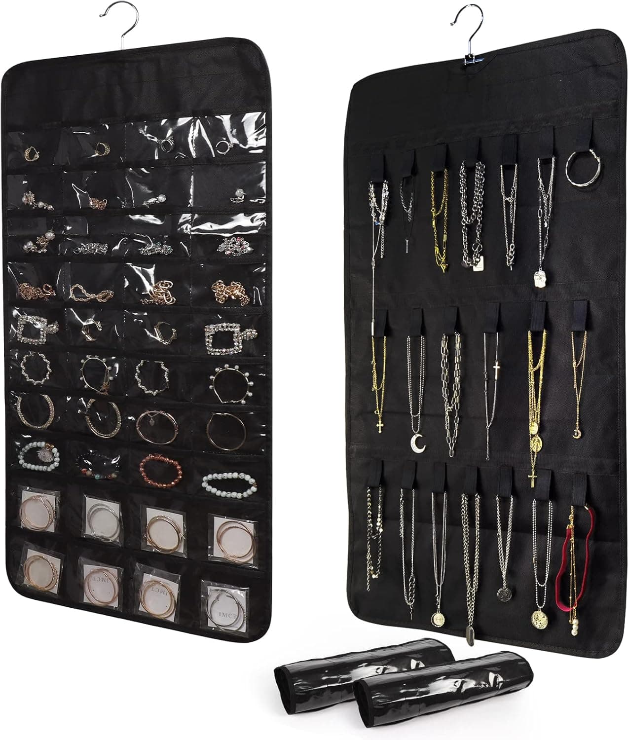 CRUGLA 2 Packs Hanging Jewelry Organizer Set, Dual Sided 80 Pockets and 40 Hook Loops Black Hanging Accessories Closet Organizers Earring Necklace Holder for Jewellery
