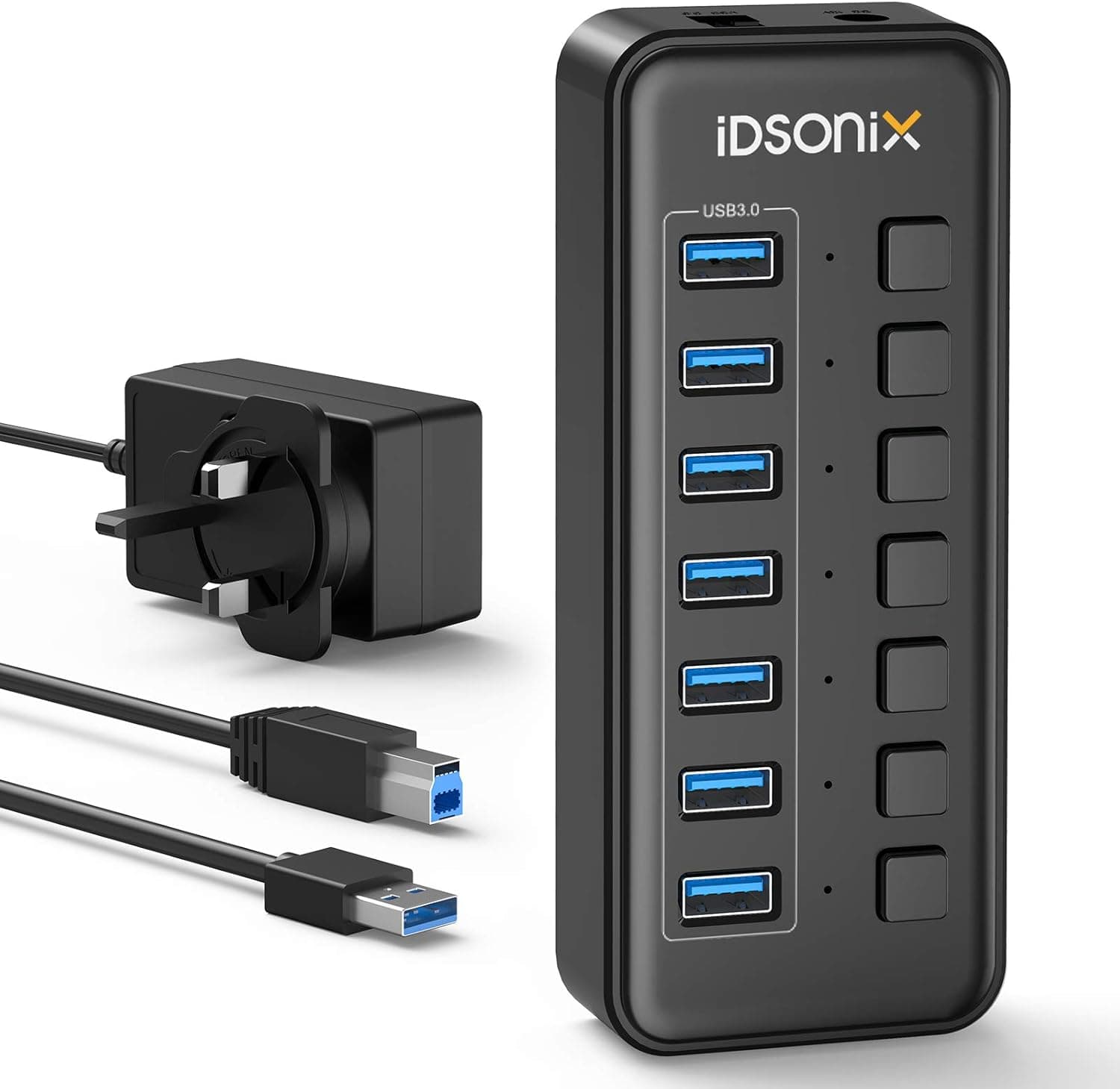 Powered USB Hub, iDsonix 7-Port USB Hub 3.0 with Individual Switches, USB Splitter 5Gbps High Speed Transfer BC1.2 (5V2.4A) Fast Charge USB Multiport for Laptop, PC, ipad