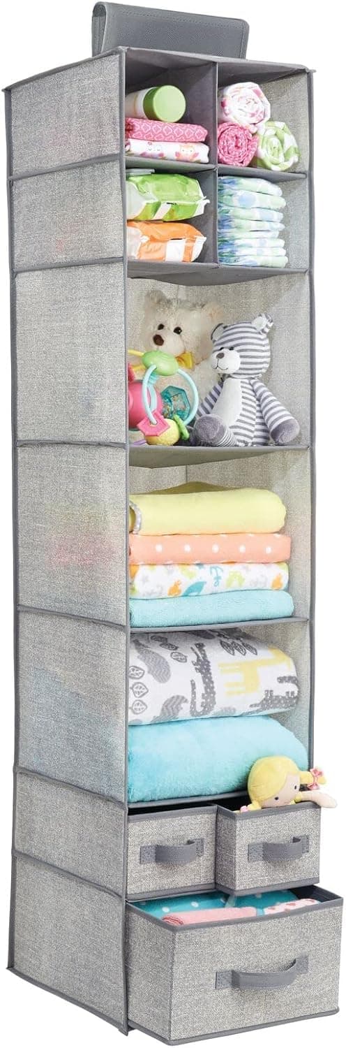 mDesign Fabric Over Closet Rod Hanging Storage Organizer with 7 Open Cube Shelves and 3 Removable Drawers for Bedroom, Nursery, Closet - Holds Clothes, Shoes, Diapers - Gray