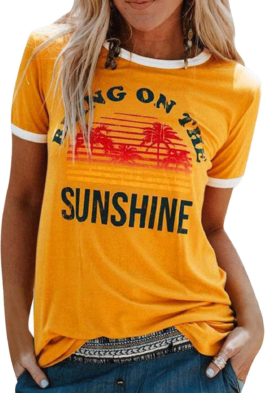 Yusongirl Short Sleeves T-Shirt Bring On The Sunshine Graphic Summer Casual Top Loose T-Shirt for Women's Girls Yellow