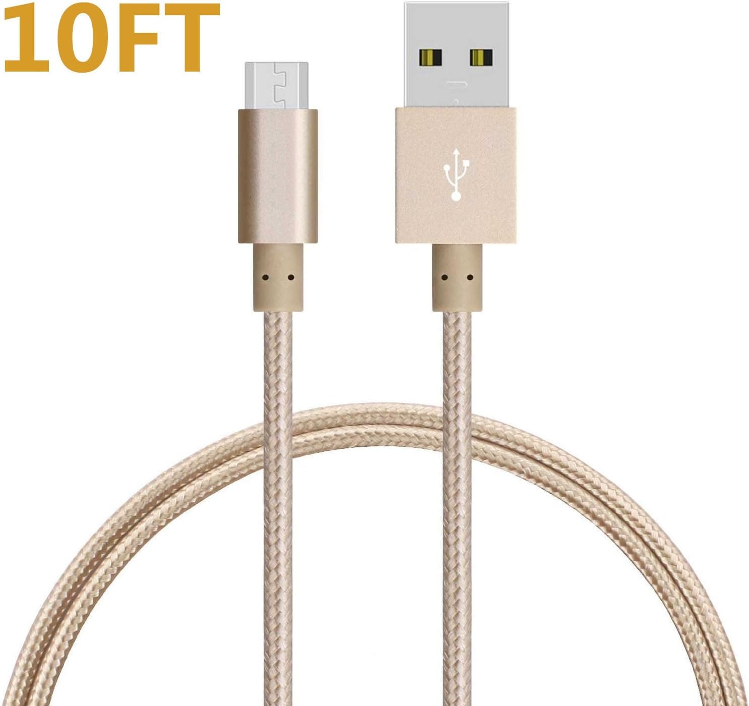 Lightning Cable, SAUS 10 ft Nylon Braided Micro USB Cable High Speed USB 2.0 A Male to Micro B Sync and Charging Cord Wire Universal for Samsung, HTC, Motorola, Nokia, Android, and More - Gold