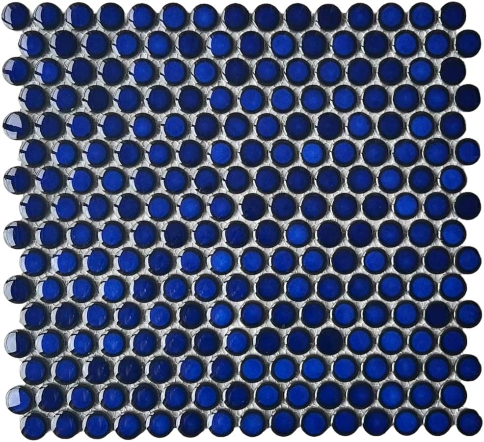 Tenedos Penny Round Cobalt Blue Porcelain Wall Tile Mosaic Shiny Look for Kitchen Backsplash, Pool Tile, Bathroom Wall, Accent Wall ((5 Sheets))