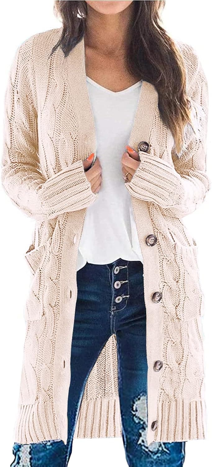 PRETTYGARDEN Women Long Sleeve Cable Knit Button Down Midi Long Cardigan Sweater Open Front Chunky Knitwear Coat with Pockets