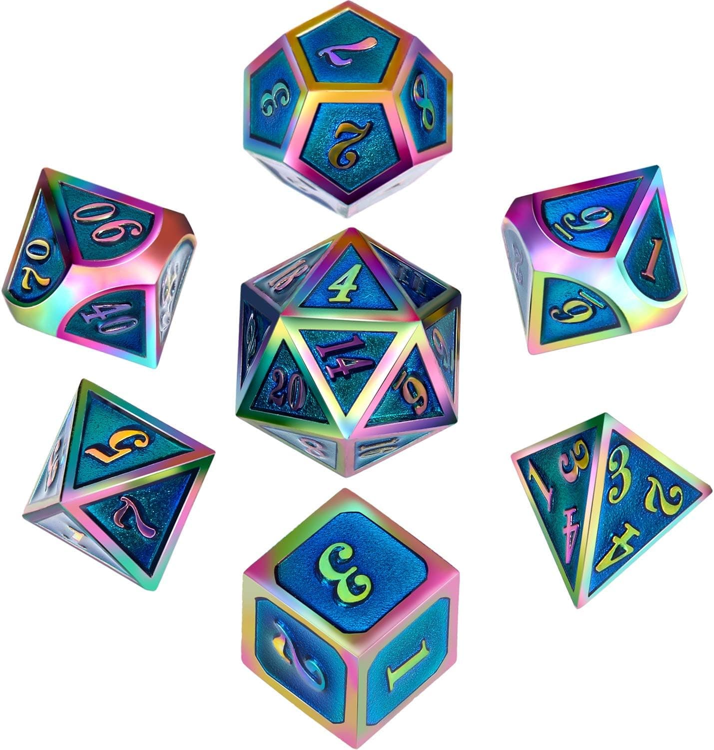 Polyhedral Metal Dices Set Zinc Alloy with Enamel Solid Metal for DND Game, Tabletop RPG, Dungeons and Dragons, Math Teaching, 7 Pieces Dice Set with Black Velvet Bag (Electrophoretic Colorful Blue)