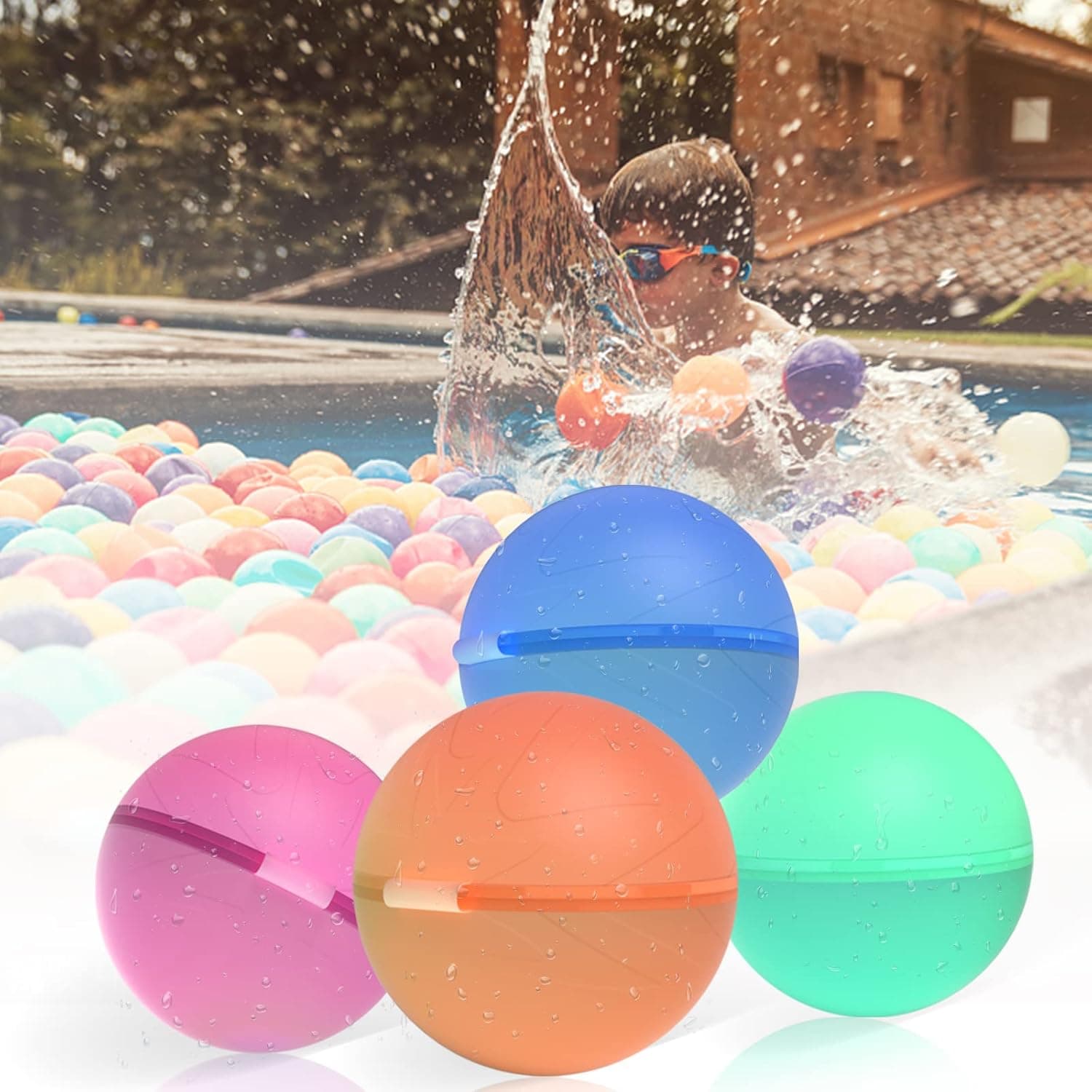 PIKARO Reusable Water Balloons for Kids, Water Balloons Quick Fill Self Sealing, Refillable Water Balloons for Kids Splash Balls for Pool, Outside Water Toys for Boys Girls Summer Parties (4 Pack)