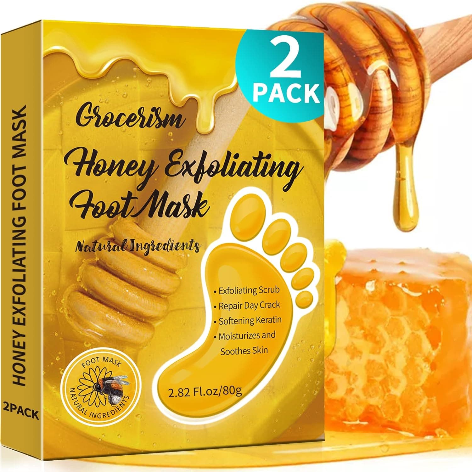 Foot Peel Mask With Honey, Tea Tree and Aloe Vera (2 Pairs ), Exfoliating Foot Mask For Men & Women, Effective For Cracked Heels Repairing, Removing Dead Skin and Callus & Dry Toe Skin