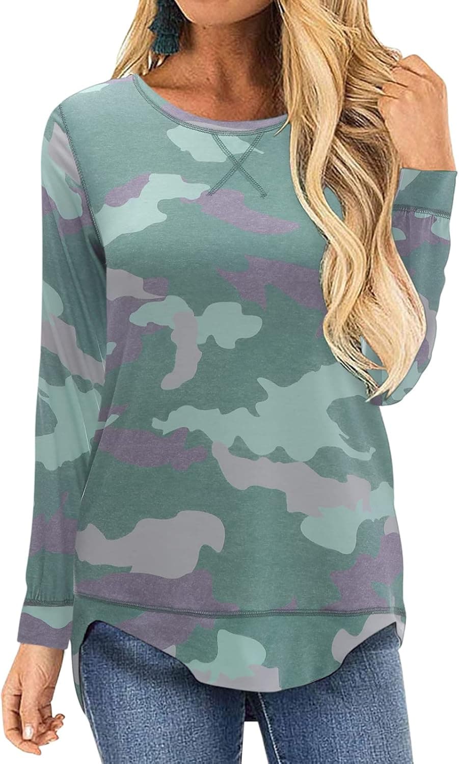 TEMOFON Women's Tops Long Sleeve Crew Neck Top Casual Loose Soft Blouse Tunic T-Shirts S-2XL