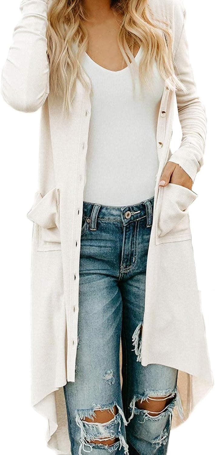 YZEECOL Cardigan Sweaters for Women Button Down Knit Long Sleeve with Pockets Lightweight Coats Creamy-White L
