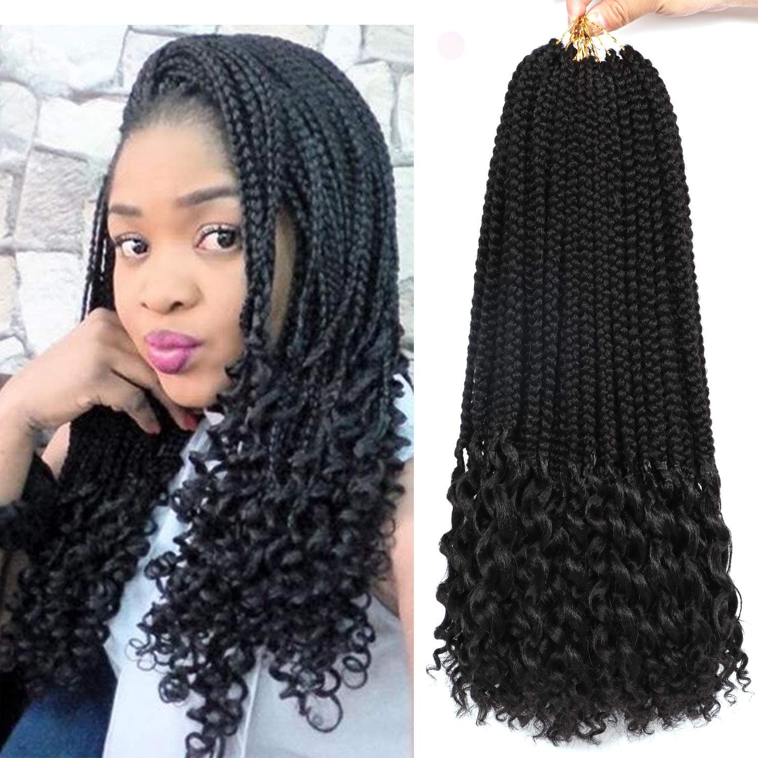 7 Packs 18 Inches Box Braids with Curly Ends Crochet Braids Hair Extensions Synthetic Box Braid Crochet Hair Loose Wavy Free Ends (1B#)