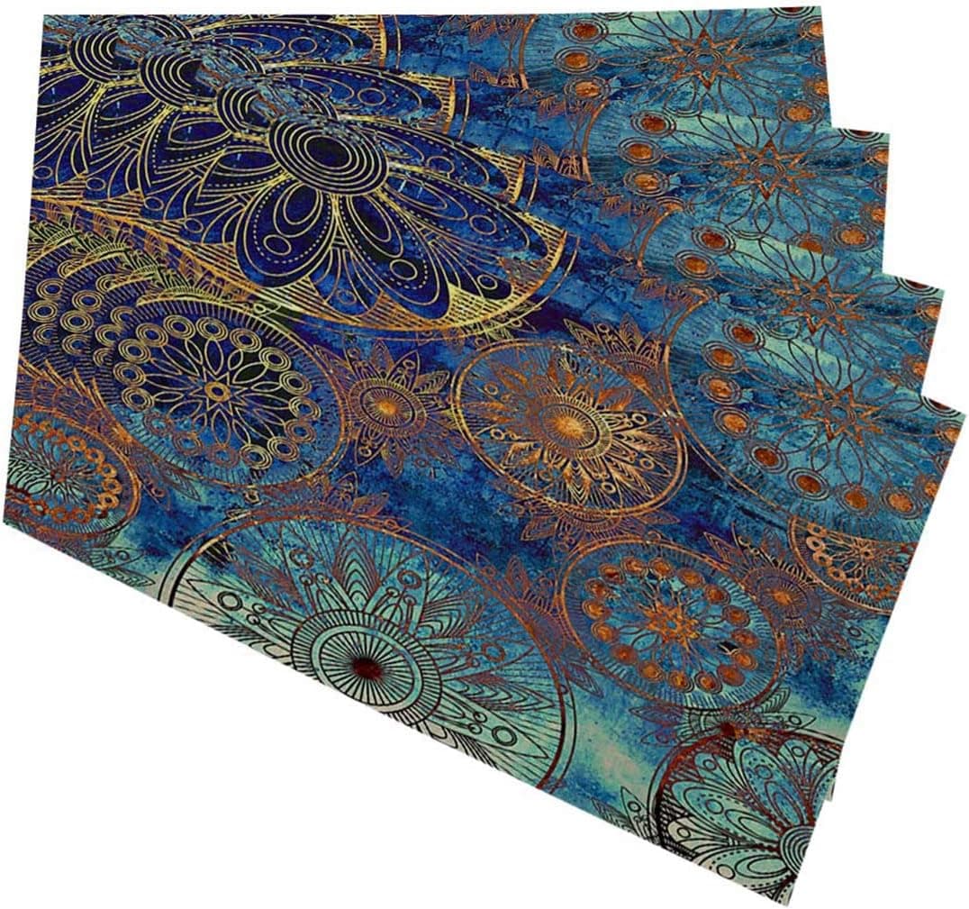 Mugod Circles Floral Ornament Placemats Blue Orange and Gold Art Grunge Stylized Damask Pattern Decorative Heat Resistant Non-Slip Washable Place Mats for Kitchen Table Mats Set of 4 12"x18"