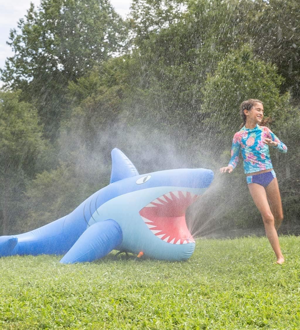 HearthSong 8 Foot Giant Inflatable Mister Shark Sprinkler for Kids' Outdoor Active Water Play, 8'L x 4½'W x 3½'H