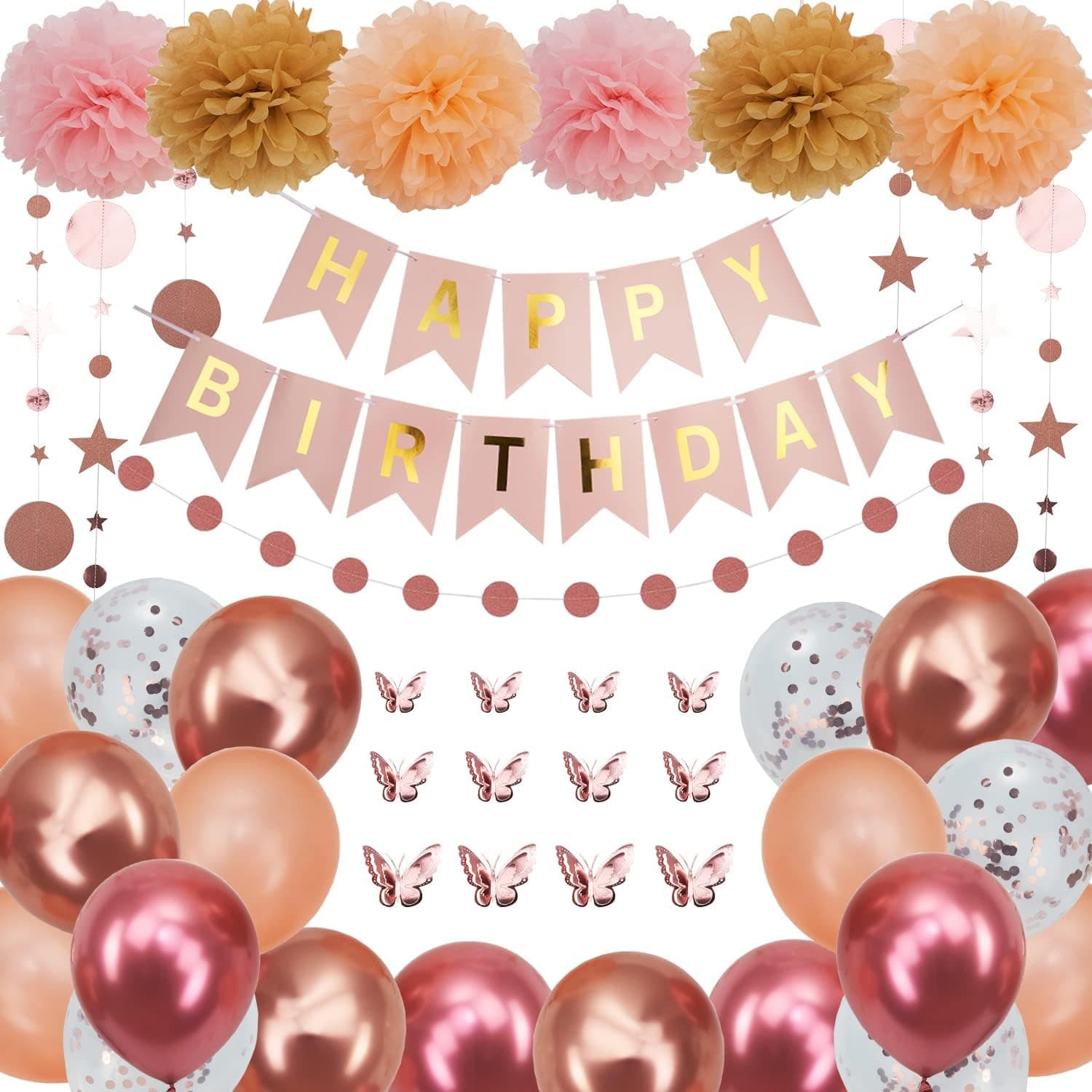 Pink Rose Gold Birthday Decorations Butterfly Party Decorations with Happy Birthday Banner Glitter Star and Circle Dot Garland Streamer Set Butterfly Wall Decal Rose Gold Balloons Paper Flowers