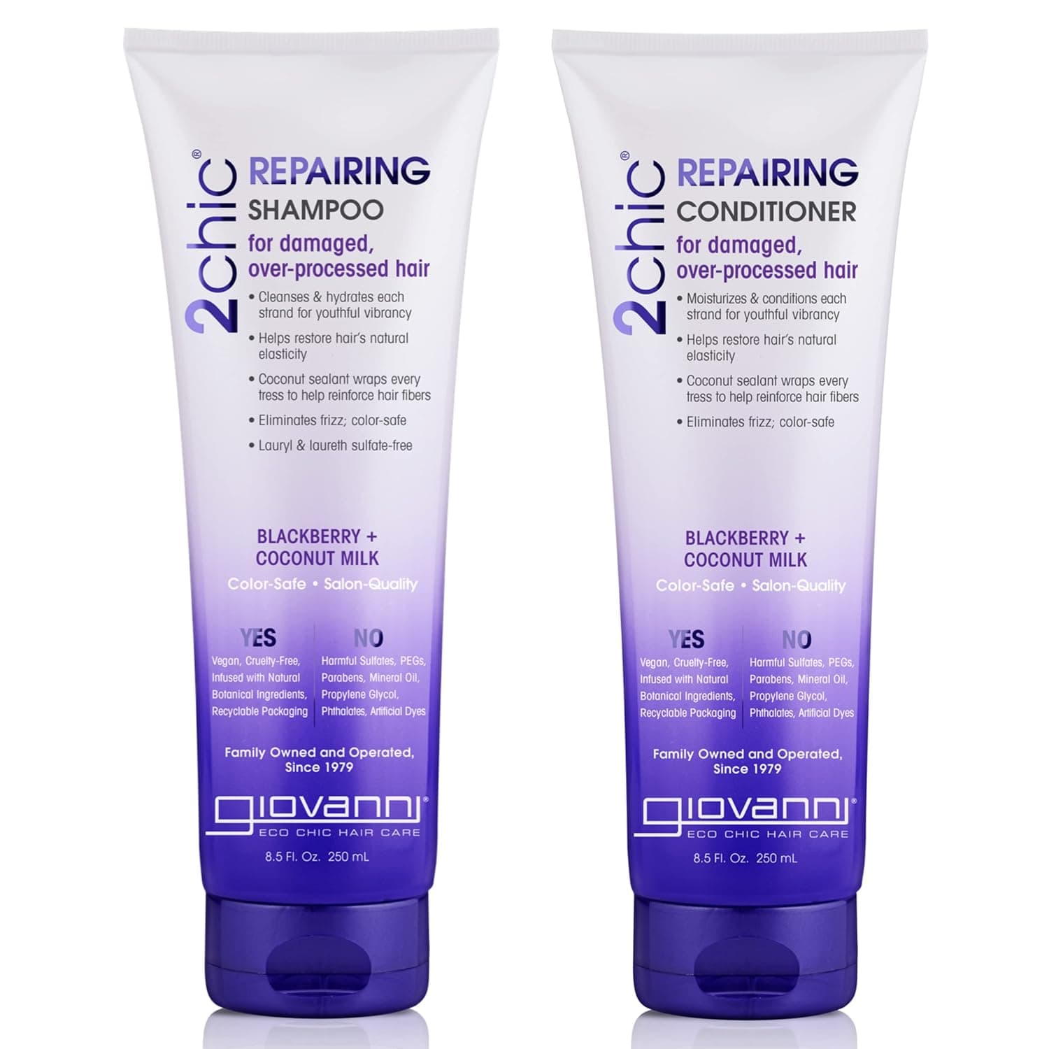 GIOVANNI 2chic Ultra-Repairing Shampoo & Conditioner Set, 8.5 oz. Each - Blackberry & Coconut Oil for Dry, Damaged Hair, Argan, Jojoba, Shea Butter & Keratin, Lauryl & Laureth Sulfate Free, Color Safe