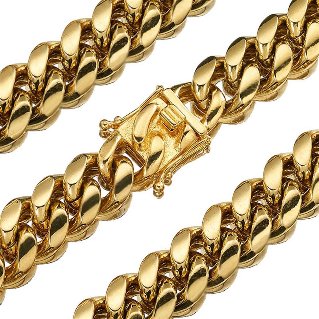 Aiyidi Mens Heavy Duty Cuban Chain Solid 18K Gold Plated Necklace Bracelet 8/10/12/14/16/18mm Stainless Steel Men's Women's Necklace