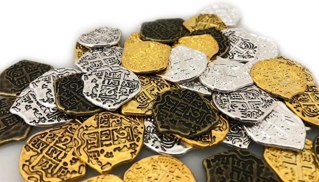 Seven Seas Pirates Toy Metal Gold and Silver Treasure Doubloon Coins - 100 Tokens