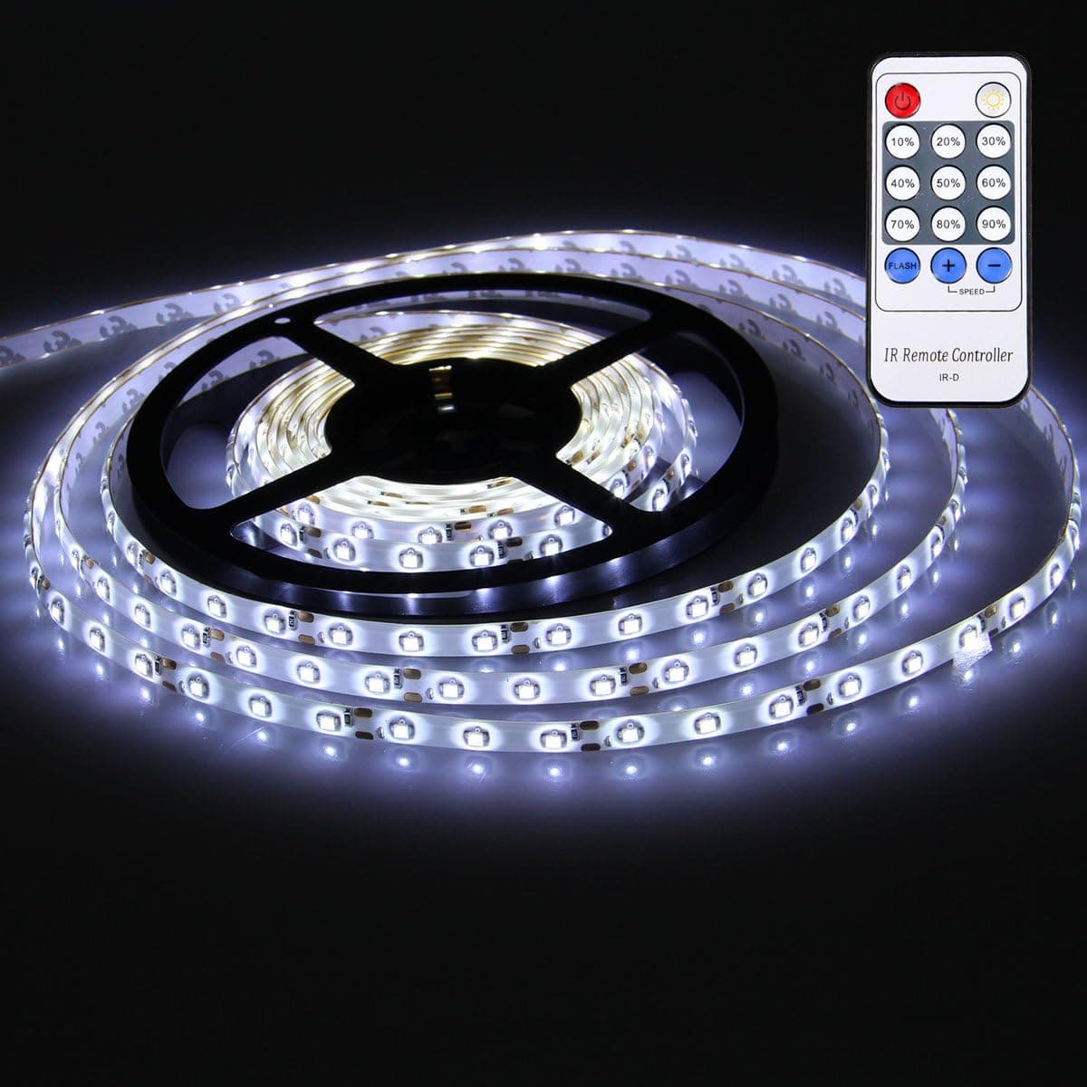 XKTTSUEERCRR 3528 SMD 16.4Ft 5Meter 300LEDs Cool White Flexible Waterproof Strip Lighting With 12 key Switch IR Remote LED Dimmer Controller and DC Connector (Power Supply Is Not Included)