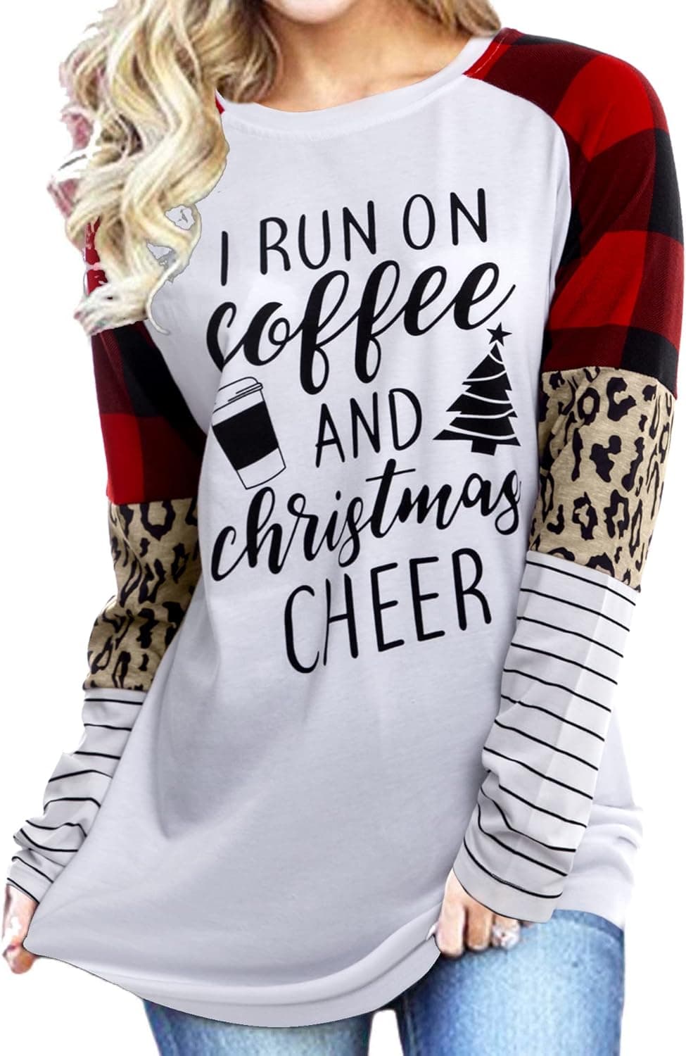 LUKYCILD Christmas Shirts for Women I Run On Coffee and Christmas Cheer T-Shirt Raglan Long Sleeve Xmas Tops