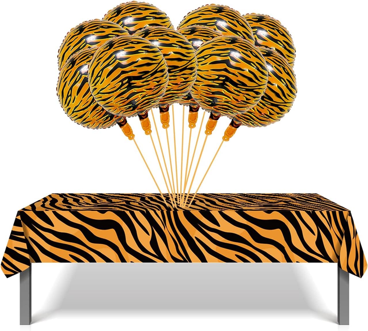 Jungle Safari Decoration Tiger Print Mylar Balloons 18inch 10Pcs and Plastic Tablecloth 56x86inch 1Pc for Animal Zoo Party Safari Tiger Party Decoration Supplies