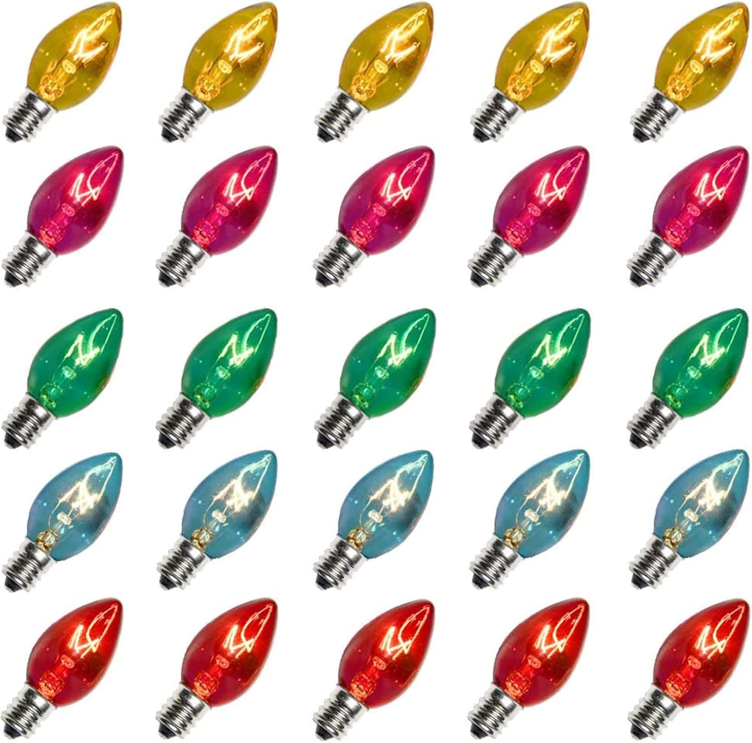 SUNSGNE C7 Multicolor Christmas Replacement Bulbs, Clear Multicolor Incandescent Light Bulbs for C7 Outdoor Patio Christmas String Lights, E12 Candelabra Base, 5 Watt, 25 Pack