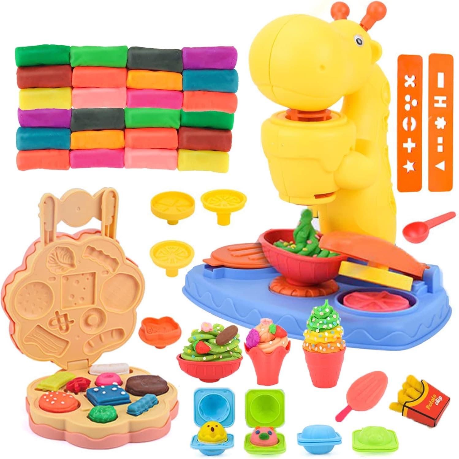 Play Dough for Kids, Dear Deer 43 Pcs Kids Ice Cream Maker Playdough Sets Burger Kitchen Creations Cooking Play Dough Tools with 24 Clay Dough, 3 4 6 8 Years Old Boys and Girls Dough Birthday Gift