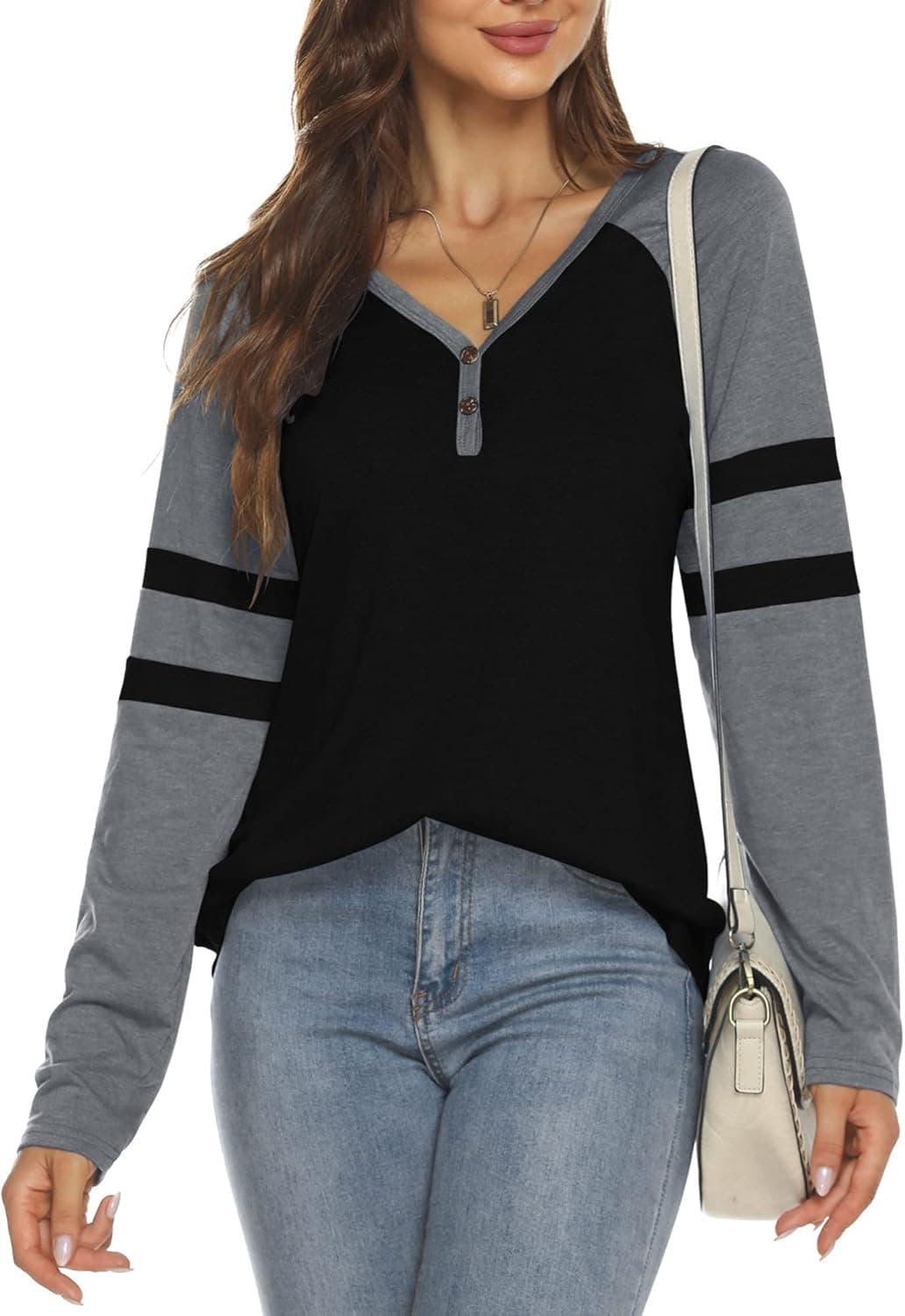 CHAMA Women's Long Sleeve Tops Striped Color Block V-Neck Button T Shirts Blouses Casual Basic Tunic Tee Shirt