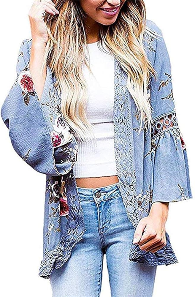 Womens Kimono Cardigans Floral Print Chiffon Beach Cover ups Loose Casual Tops(Blue,3XL)