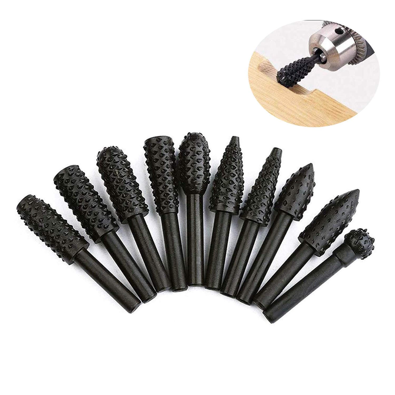 10 Pieces Woodworking Rotary File Polishing Head Revolving File, Woodworking Twist Drill Bits, 6.3mm(1/4") Shank Electrical Tools Wood Carving File Rasp Drill Bits