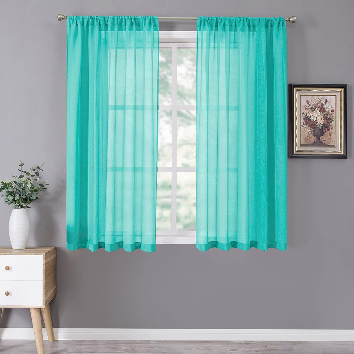 Tollpiz Short Sheer Curtain Linen Textured Bedroom Curtains Sheer Light Filtering Rod Pocket Voile Curtain for Living Room, 54 x 54 inches Long, Aqua Blue, Set of 2 Panels