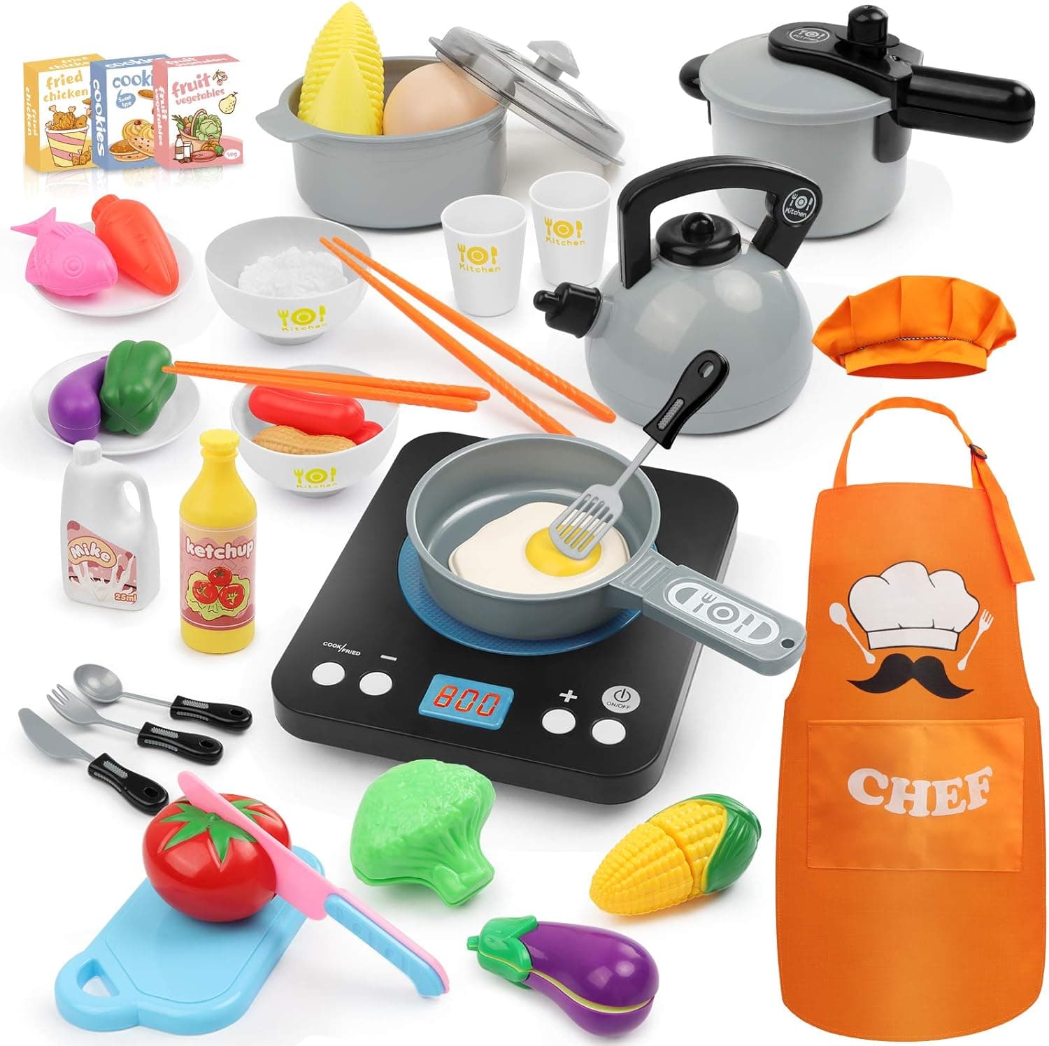 Hapgo 44Pcs Pretend Play Kitchen Toys Set with Electronic Induction Cooktop Cookware Pots and Pans Set, Cooking Utensils, Cut Play Food, Apron & Chef Hat Learning Gift for Kids Girls Boys (Gray)