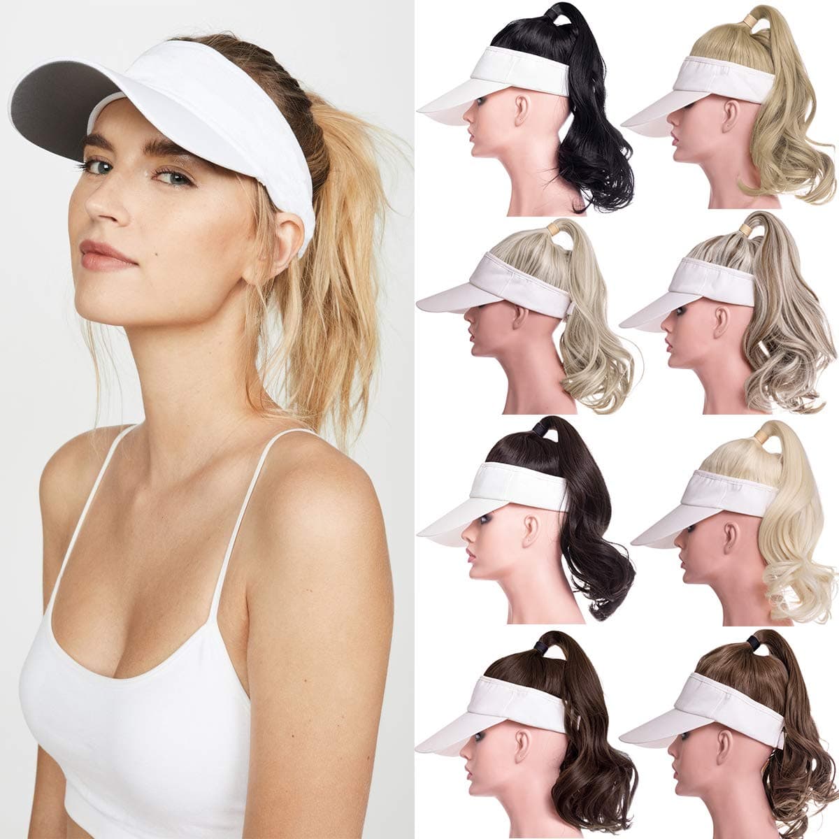 Qlenkay Sun Visor Cap with Ponytail Extensions Long Curly Wavy Hair Piece Wig Hat Adjustable Cotton Caps Hats for Women Summer Ash Blonde