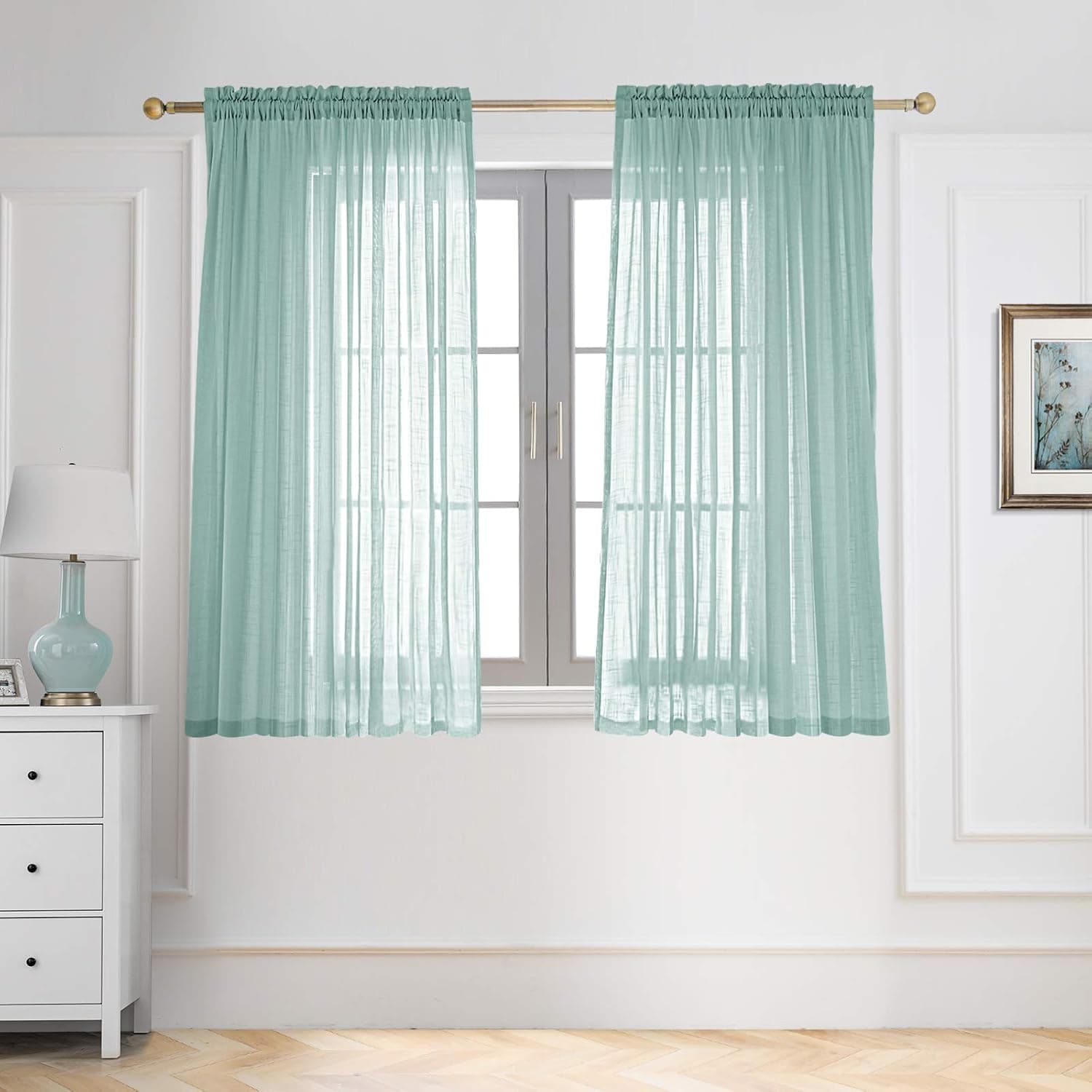 JCyh Linen Textured Semi Sheer Curtains 63 Inch Length Living Room Bedroom Sea Mist Crushed Sheers Voile Curtain Panels Rod Pocket Window Treatments Transparent Drapes,Set of 2 Panels