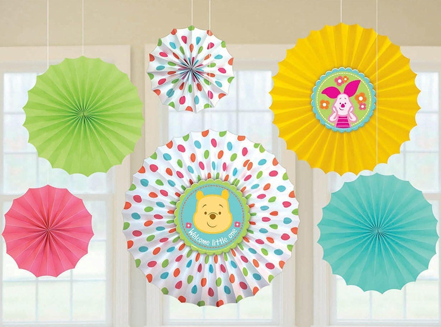 Amscan Baby Shower Party Decoration Cuddly Winnie the Pooh Paper Fans, 13 x 11", Multi