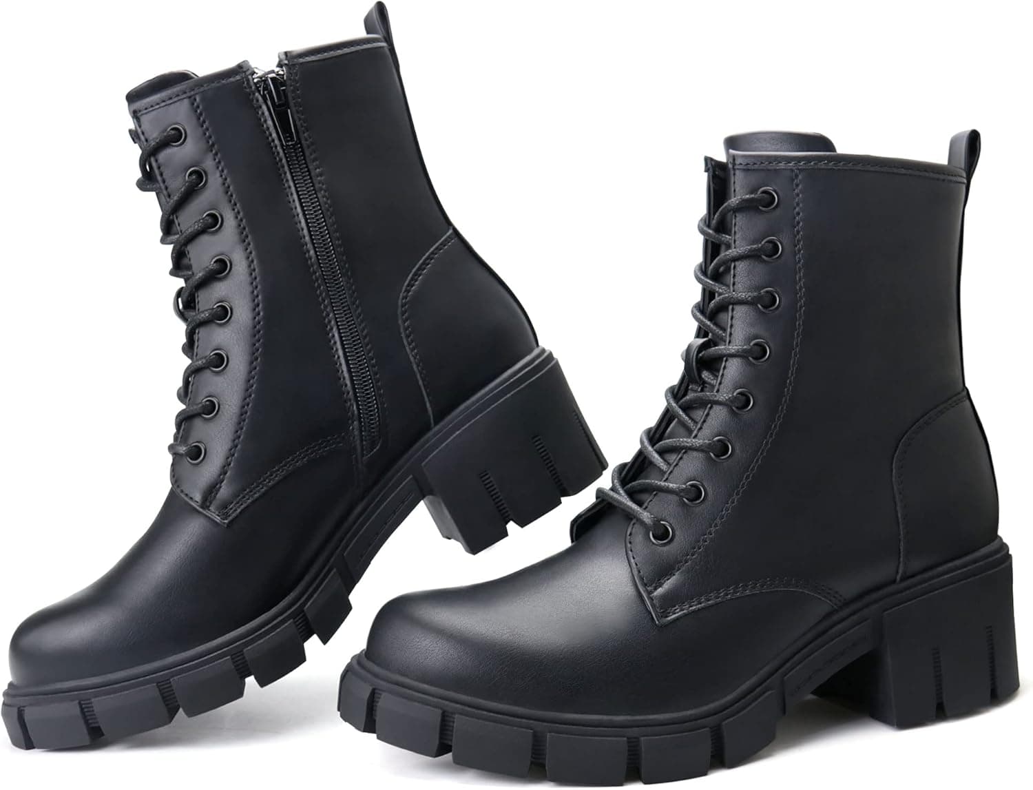 firelli Women Combat Boots Lace Up Ankle Calf Chunky Heel Booties
