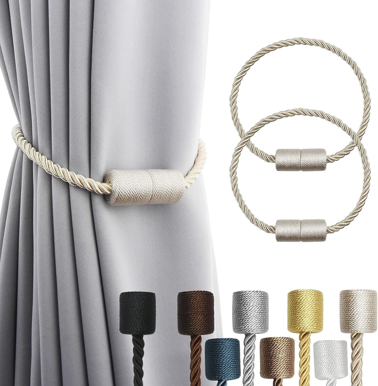 Porlau 2 Pack Strong Magnetic Curtain Tiebacks Outdoor Elegant Decorative Tie Backs Modern Rope Tiebacks for Drapes Window Curtain Holdbacks for Draperies- Beige